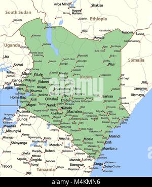 Map of Kenya. Shows country borders, urban areas, place names and roads. Labels in English where possible. Projection: Mercator. Stock Vector