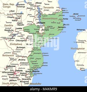 Map of Mozambique. Shows country borders, urban areas, place names and roads. Labels in English where possible. Projection: Mercator. Stock Vector