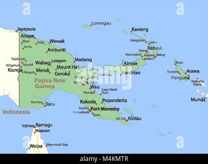 Map of Papua New Guinea. Shows country borders, urban areas, place names and roads. Labels in English where possible. Projection: Mercator. Stock Vector
