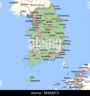 Map of South Korea. Shows country borders, urban areas, place names and roads. Labels in English where possible. Projection: Spherical Mercator. Stock Vector