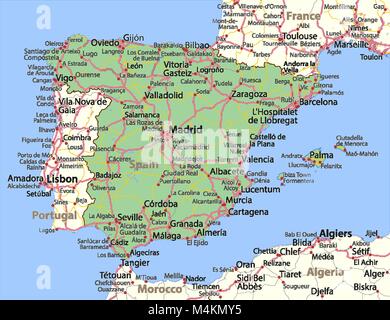 Map of Spain. Shows country borders, urban areas, place names and roads. Labels in English where possible. Projection: Spherical Mercator. Stock Vector