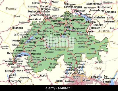 Map of Switzerland. Shows country borders, urban areas, place names and roads. Labels in English where possible. Projection: Mercator. Stock Vector
