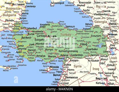 Map of Turkey. Shows country borders, urban areas, place names and roads. Labels in English where possible. Projection: Mercator. Stock Vector