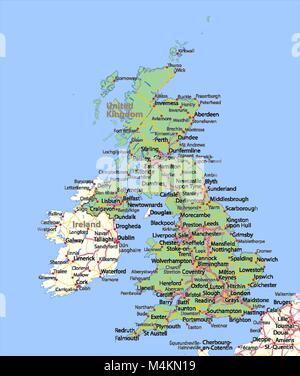 Map of the United Kingdom. Shows country borders, urban areas, place names and roads. Labels in English where possible. Projection: Spherical Mercator Stock Vector