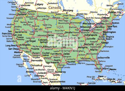 Map of the USA. Shows country borders,  place names and roads. Labels in English where possible. Projection: Lambert Conformal Conic. Stock Vector