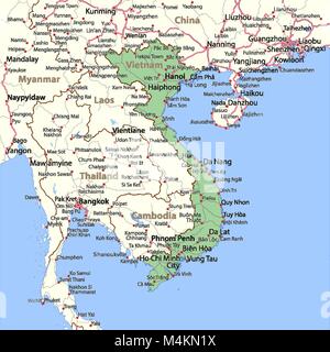 Map of Vietnam. Shows country borders, urban areas, place names and roads. Labels in English where possible. Projection: Mercator. Stock Vector