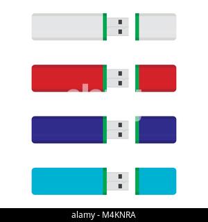 USB flash drive colored collection. Hardware usb remote color of set with cap, storage accessory flashdrive, vector illustration Stock Vector