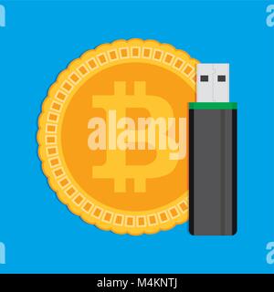 Storage of crypto coins bitcoin. Vector bitcoin and flash drive usb, cryptocoin wallet illustration Stock Vector