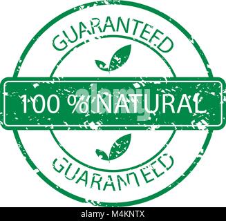 Guaranteed natural stamp rubber green. Vector organic and natiral rubber seal guarantee illustration Stock Vector