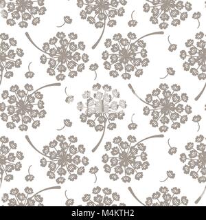 Flying dandelion grey seamless vector pattern. Soft flower repeat background texture. Stock Vector