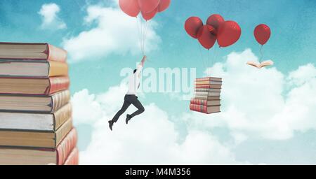 Man holding balloons and floating books on balloons in surreal sky Stock Photo