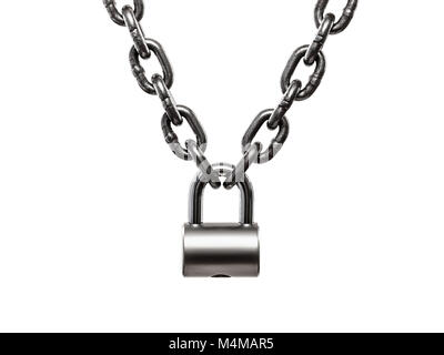 Hardened steel cargo lifting metal chain locked on padlock Stock Photo