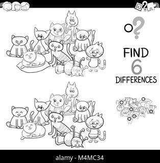 Differences game with cartoon cats coloring page Stock Photo - Alamy