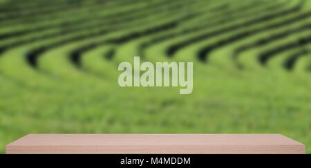 tea garden defocus background with wooden shelf Stock Photo