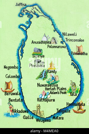 Sri Lanka, Asia, Hikkaduwa - Painted map of the Sri Lankan island Stock Photo