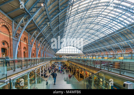 LONDON FEBRUARY 11, 2018: View of interior of St Pancras International station. It is the terminal station for Eurostar continental services from Lond