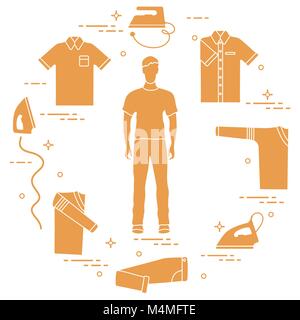 Silhouette of a man, irons and different clothes. Design for banner and print. Stock Vector