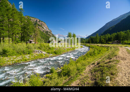 Flowing transparent waters on high altitude alpine stream in idyllic uncontaminated environment in the Alps. Ultra wide angle view. Stock Photo