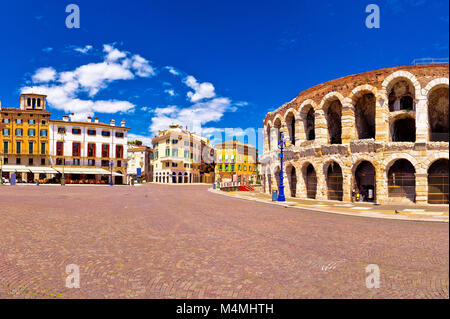 Roman amphitheatre Arena di Verona and Piazza Bra square panoramic view, landmark in Veneto region of Italy Stock Photo