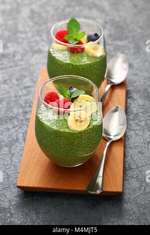 homemade matcha green tea chia seed pudding, vegan dessert Stock Photo