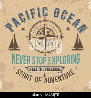 Vintage sailing typography for t-shirt print on retro background, vector illustration Stock Vector