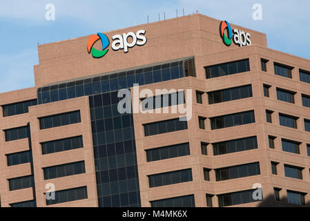 A logo sign outside of the headquarters of Arizona Public Service (APS) in Phoenix, Arizona, on January 30, 2018. Stock Photo