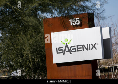 A logo sign outside of the headquarters of Isagenix International in Gilbert, Arizona, on February 3, 2018. Stock Photo