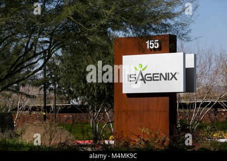 A logo sign outside of the headquarters of Isagenix International in Gilbert, Arizona, on February 3, 2018. Stock Photo