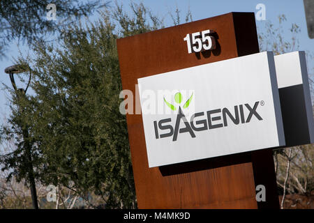 A logo sign outside of the headquarters of Isagenix International in Gilbert, Arizona, on February 3, 2018. Stock Photo