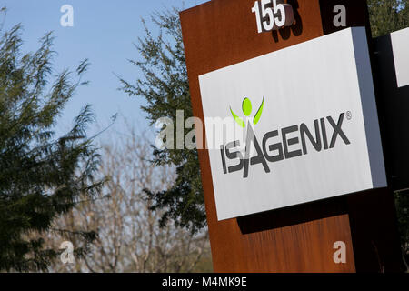 A logo sign outside of the headquarters of Isagenix International in Gilbert, Arizona, on February 3, 2018. Stock Photo