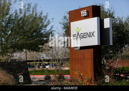 A logo sign outside of the headquarters of Isagenix International in Gilbert, Arizona, on February 3, 2018. Stock Photo