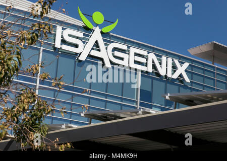 A logo sign outside of the headquarters of Isagenix International in Gilbert, Arizona, on February 3, 2018. Stock Photo