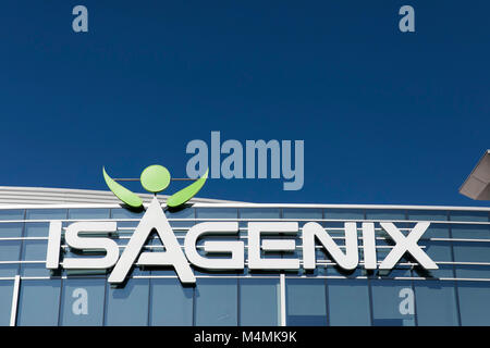 A logo sign outside of the headquarters of Isagenix International in Gilbert, Arizona, on February 3, 2018. Stock Photo