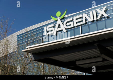 A logo sign outside of the headquarters of Isagenix International in Gilbert, Arizona, on February 3, 2018. Stock Photo