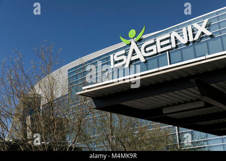 A logo sign outside of the headquarters of Isagenix International in Gilbert, Arizona, on February 3, 2018. Stock Photo