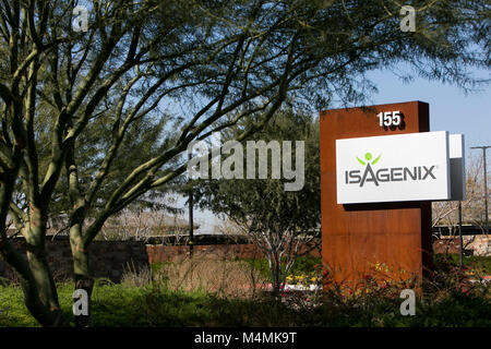 A logo sign outside of the headquarters of Isagenix International in Gilbert, Arizona, on February 3, 2018. Stock Photo