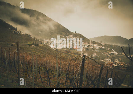 valleys and hills with vineyards around the Italian town of Valdobbiadene, famous for the production of Prosecco sparkling wine. Winter low clouds and Stock Photo