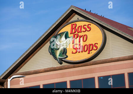 A logo sign outside of a Bass Pro Shops retail store in Mesa, Arizona, on February 4, 2018. Stock Photo