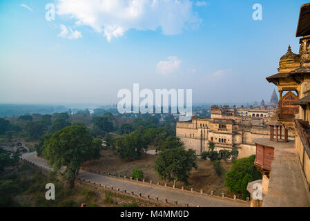 Orchha Palace, Madhya Pradesh. Also spelled Orcha, famous travel destination in India. Wide angle. Stock Photo