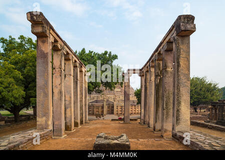 Sanchi Stupa, ancient buddhist hindu statue details, religion mystery, carved stone. Travel destination in Madhya Pradesh, India. Stock Photo