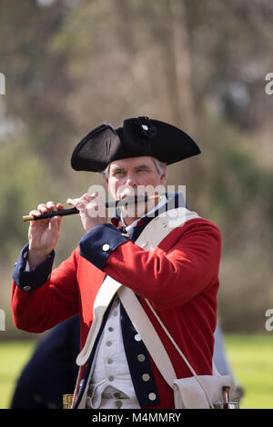 British redcoat soldier playing a fife during a reenactment of the ...