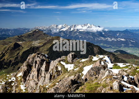 Panoramic view from Mt. Wildseeloder over Kitzbuehler Horn towards Wilder Kaiser mountain range, Tyrol, Austria. Stock Photo