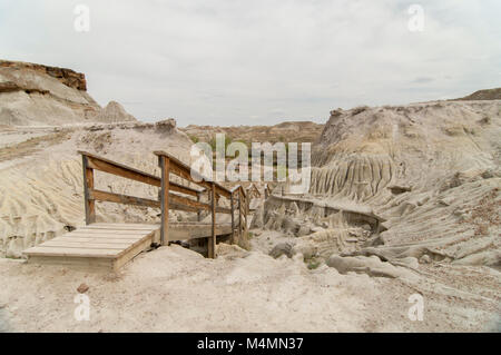 Wooden stairway leading to campground in Dinosaur Provincial Park, Alberta, Canada; a UNESCO World Heritage Site Stock Photo