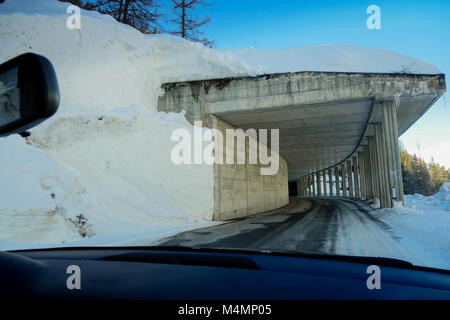 Car driving in winter, Arolla, Swiss Stock Photo
