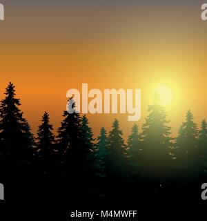 Landscape with coniferous forest under morning sky at dawn and sunlight - vector with space for text Stock Vector