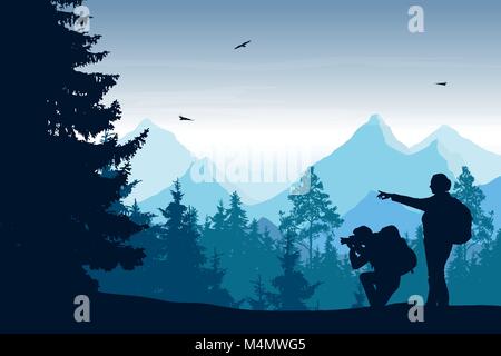 Vector illustration of mountain landscape with forest and two tourists with camera, under blue sky with clouds and flying birds Stock Vector