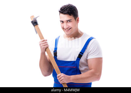 Man with a digging axe hoe on white background isolated Stock Photo