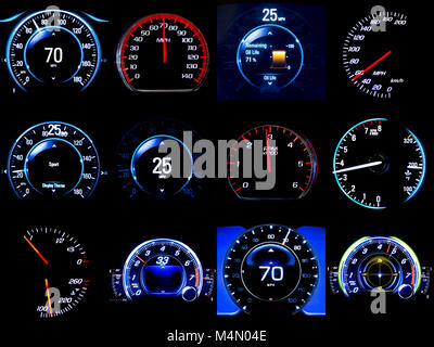 Composite image of dozen modern light car mileage (dashboard, milage, speedometer) isolated on a black background. New display of a modern car. Stock Photo