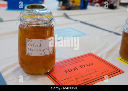 Close-up of 1st prize winning jar of marmalade & certificate - competition entry at Gardeners' Show, Burley-in-Wharfedale, West Yorkshire, England, UK Stock Photo
