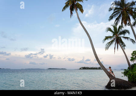 Young western boy in bathing suit climbing a long palm tree over turquoise water on a sandy beach of a beautiful tropical island at sunset. Stock Photo